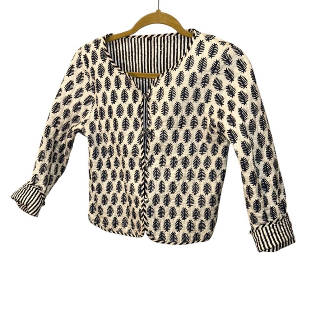 Blue White Reversible cotton quilted Indian striped paisley block print jacket S